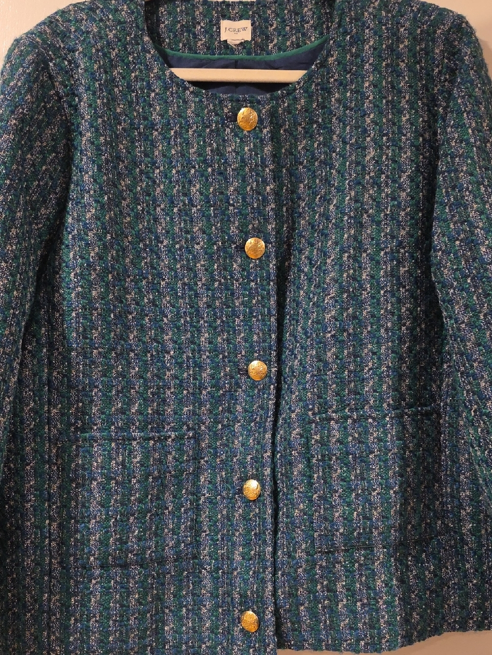 J. Crew Teal Multicolor Tweed Gold-Button Jacket